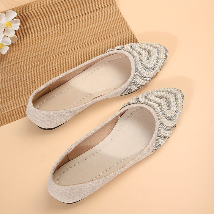 Stilla | Chic Dame Slip on Flats Med Hjerte Pearl & Strass, Elegante Sommer Flats