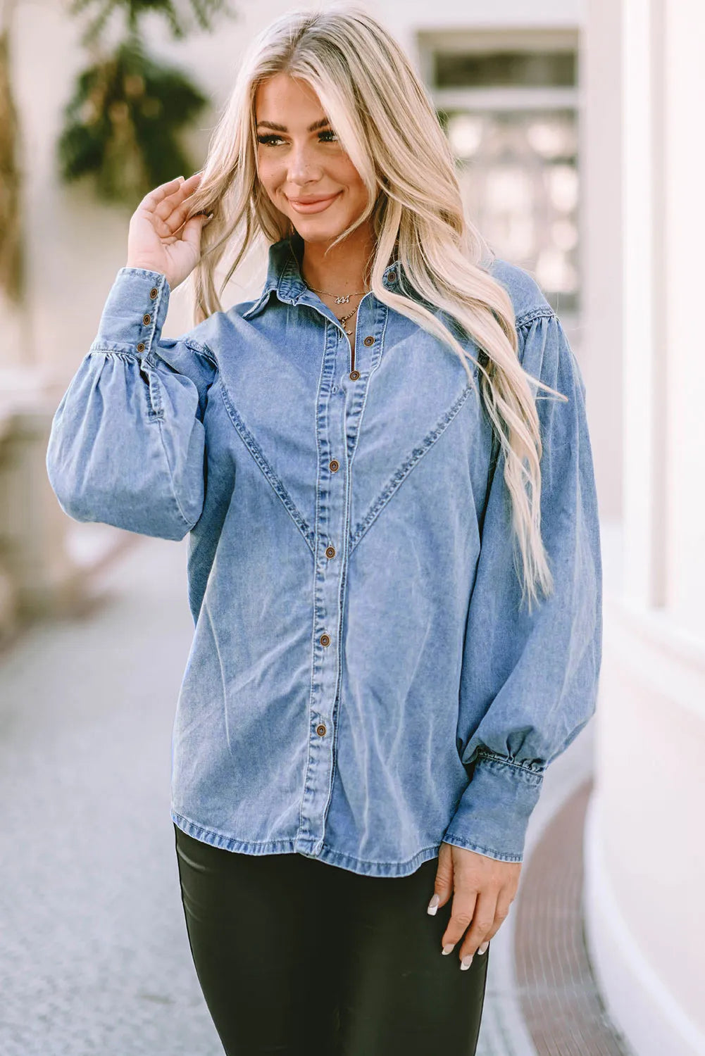 Stilla | Jeans Top med Krave og Lanternærmer