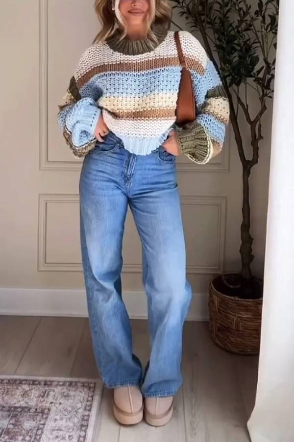 Stilla | Casual og Behagelig Stribet Rundhals Sweater