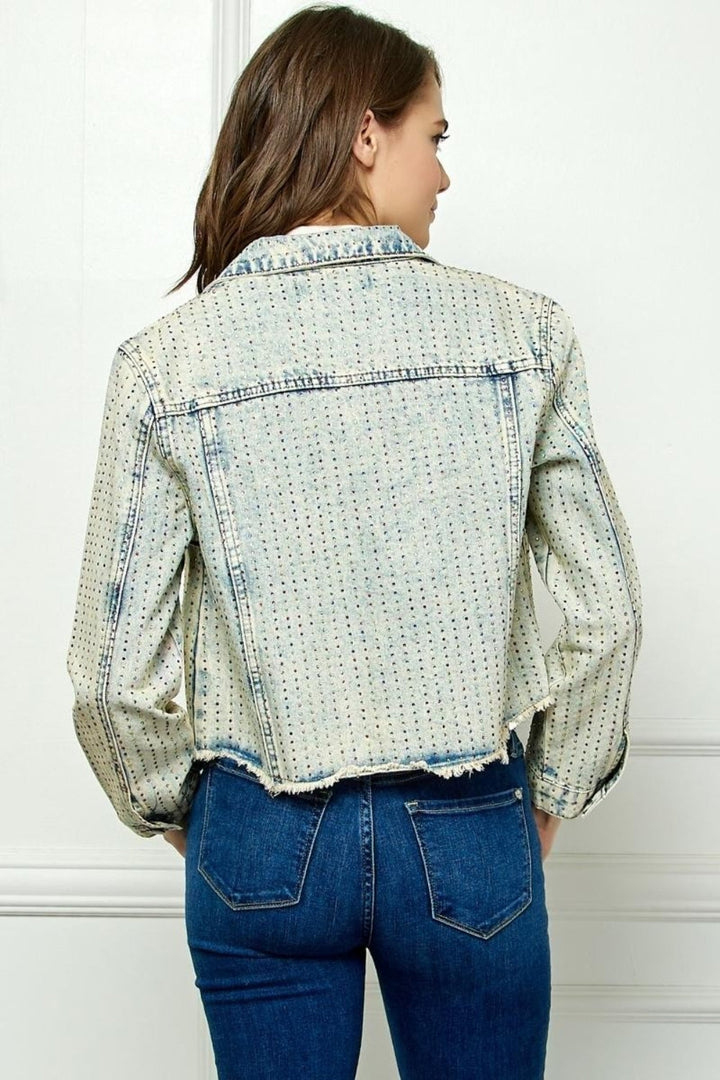 Stilla | Multi Color Stripe Rhinestone Raw Hem Denim Jakke