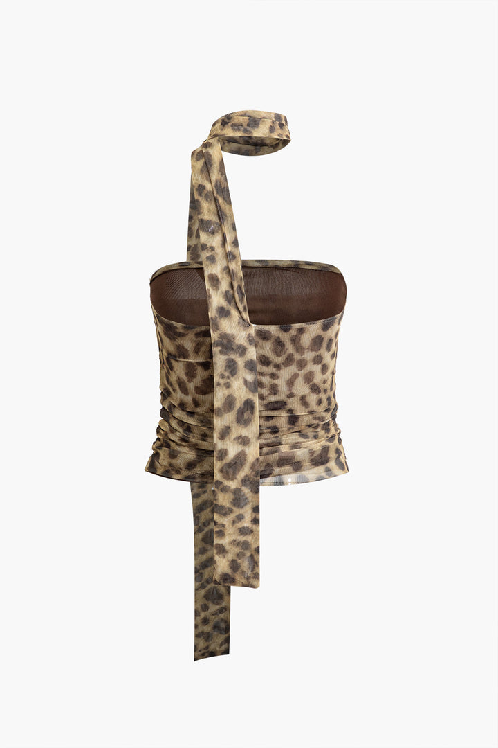 Stilla | Halterneck top i mesh med leopardprint