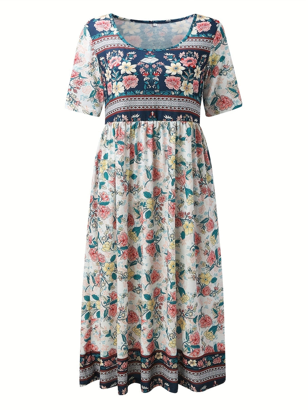 Stilla | Årgang Kjole Med Boho Blomsterprint, Høj Talje Og Korte Ærmer Til Kvinder