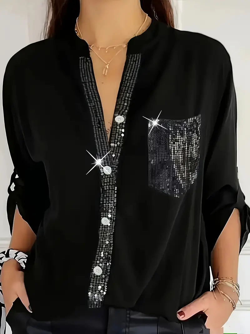 Stilla | Elegant Bluse Paillette Med Krave Ensfarvet Farve Med Glitterdetaljer