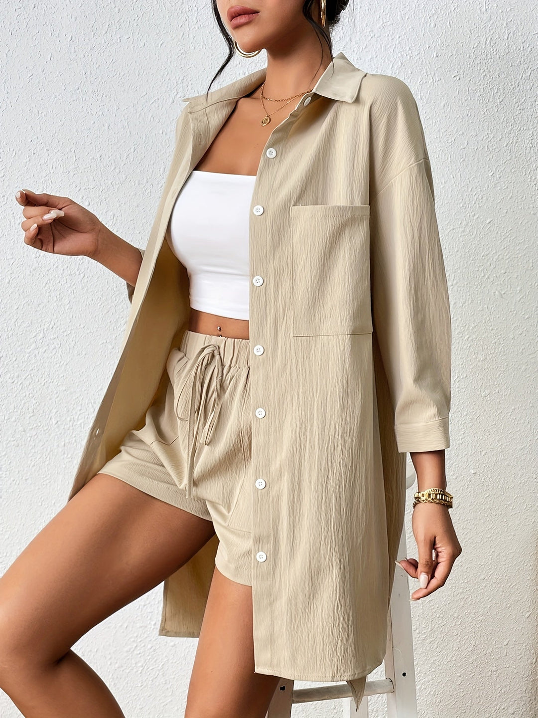 Stilla | Button up Skjorte Og Shorts Med Snøre Og Elastisk Linning