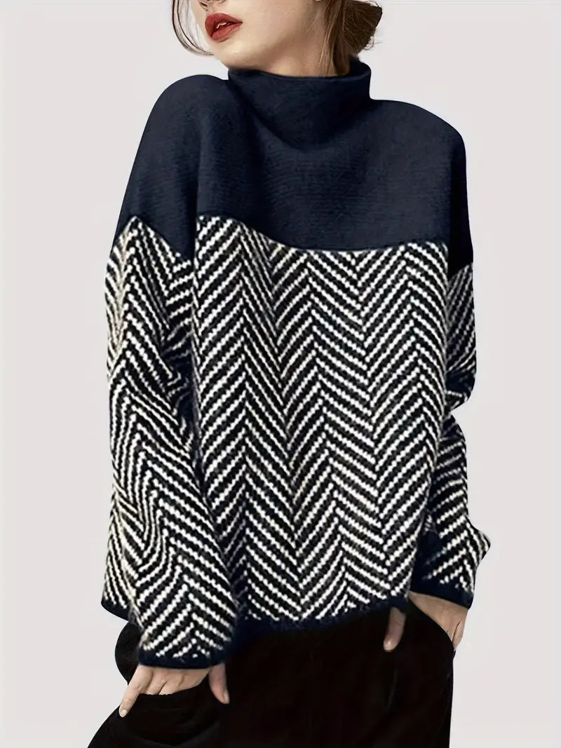 Stilla | Elegant Retro Strik Trøje Chevron Med Farvede Blokke