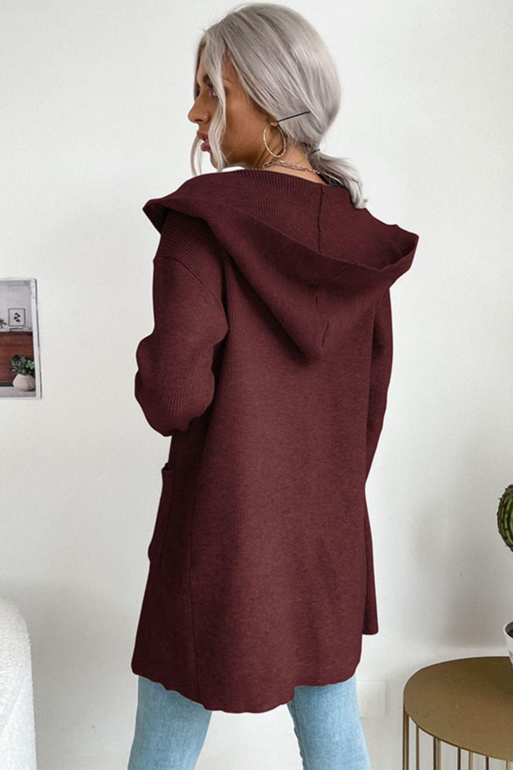 Stilla | ribbet åben-front cardigan med hætte og lommer