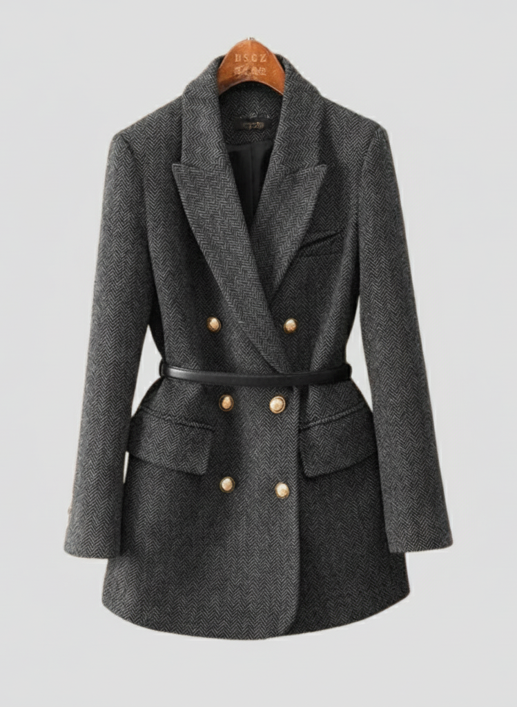 Stilla | Tweed Blazer Jakke – Dobbeltbrystet, med Bælte, Sjalskrave