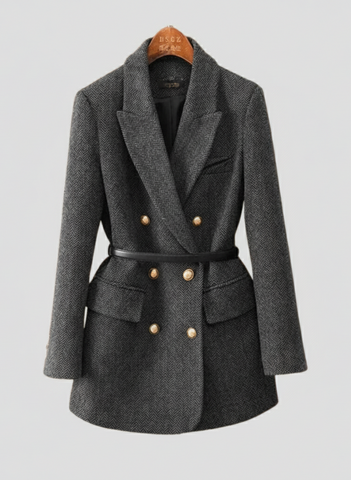 Stilla | Tweed Blazer Jakke – Dobbeltbrystet, med Bælte, Sjalskrave
