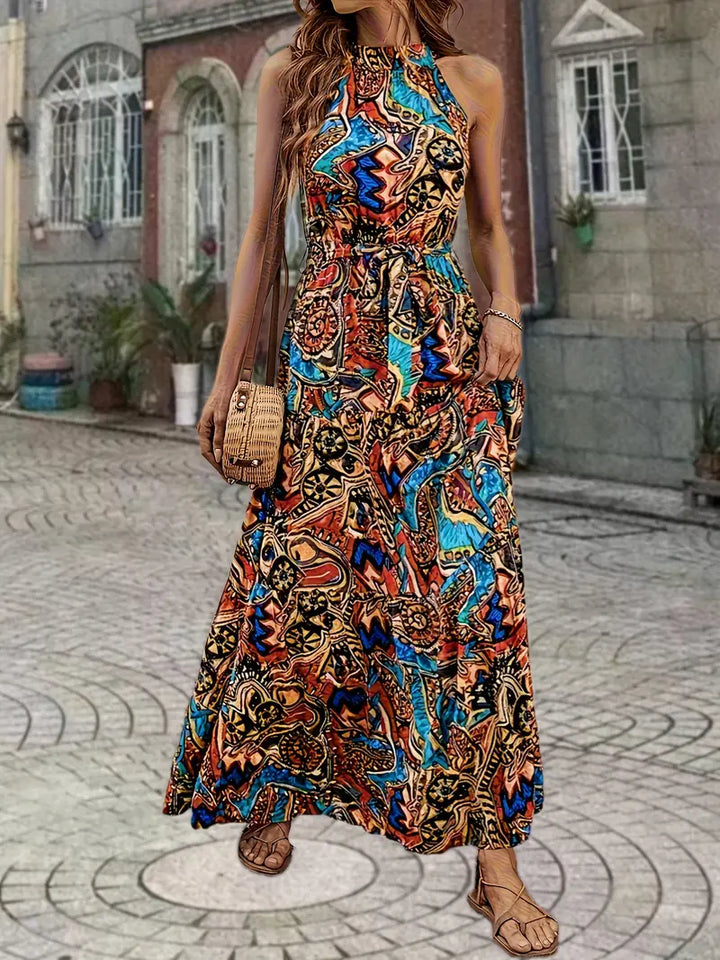 Stilla | Boho Maxi Kjole Brown Sommerkjole Uden Ærmer Med Bælte