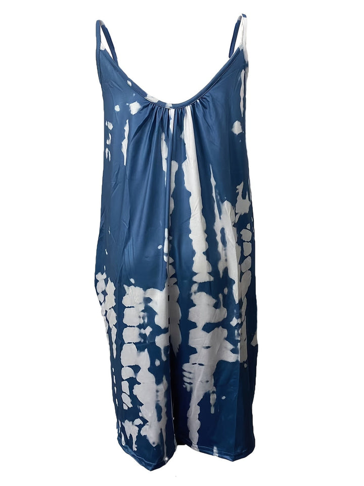 Stilla | Boho Blue Tie Dye Ærmeløs Romper Med Rund Hals