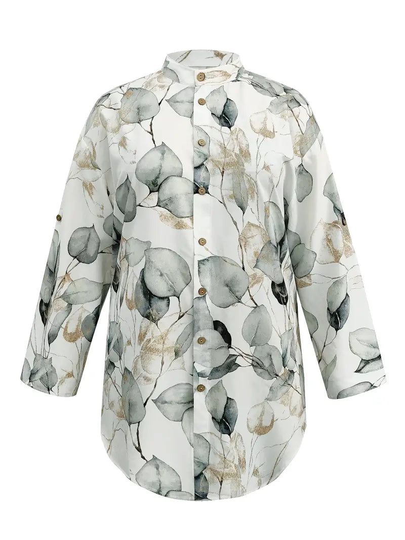 Stilla | Elegant Bluse Med Lange Ærmer Og Knapper Med Bladprint