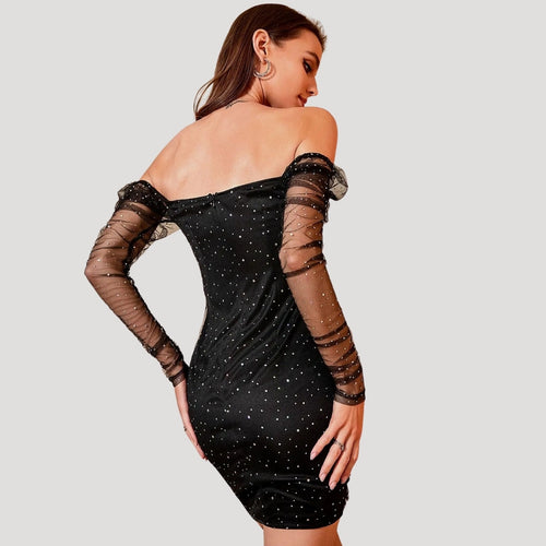 Stilla | Kvinders Glitrende Mesh Ærme Fest Bodycon Mini Kjole