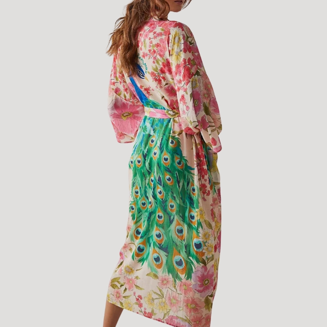 Stilla | Kvinders Blomster Påfugl Trykt Kimono Robe Maxi