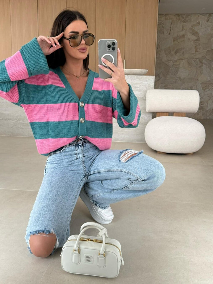 Stilla | Cozy, Casual Stripet Cardigan med V-Udskæring