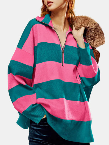 Stilla | Farveblok Sweater Med Lange Ærmer og Halv Lynlås