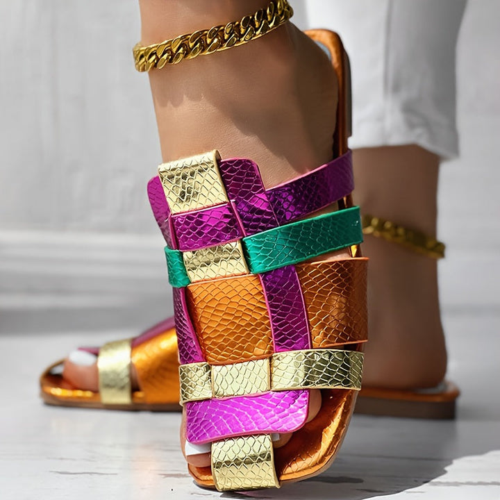 Stilla | Patchwork Sandaler Til Kvinder. Metallisk Flet. Komfortable
