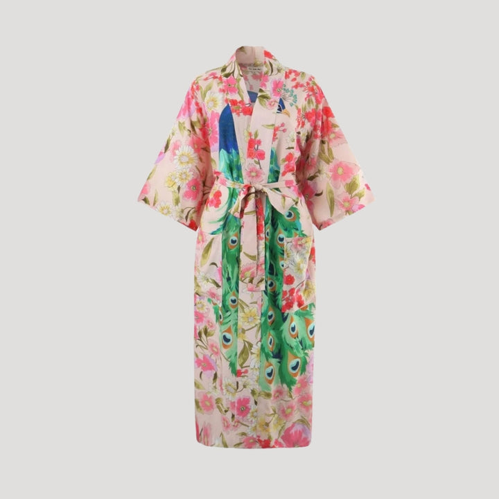 Stilla | Kvinders Blomster Påfugl Trykt Kimono Robe Maxi