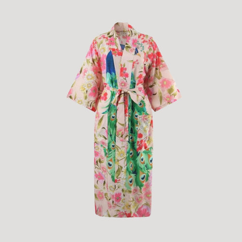 Stilla | Kvinders Blomster Påfugl Trykt Kimono Robe Maxi