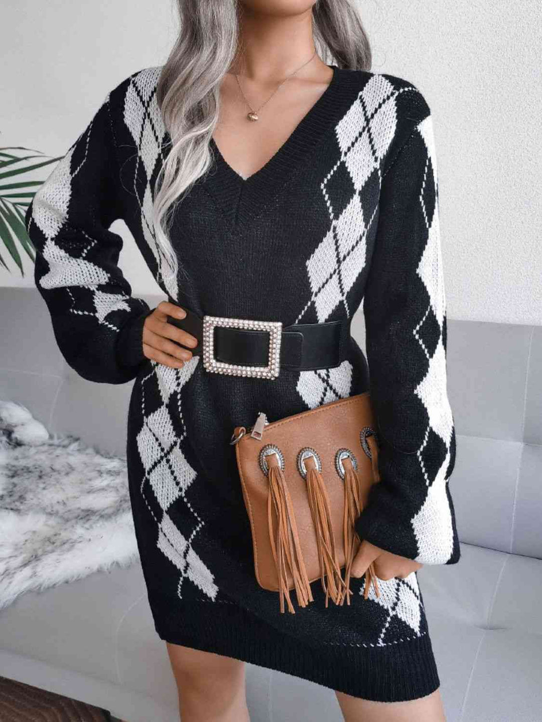 Stilla | Højre Argyle V-hals Ribbet Kant Sweater Kjole