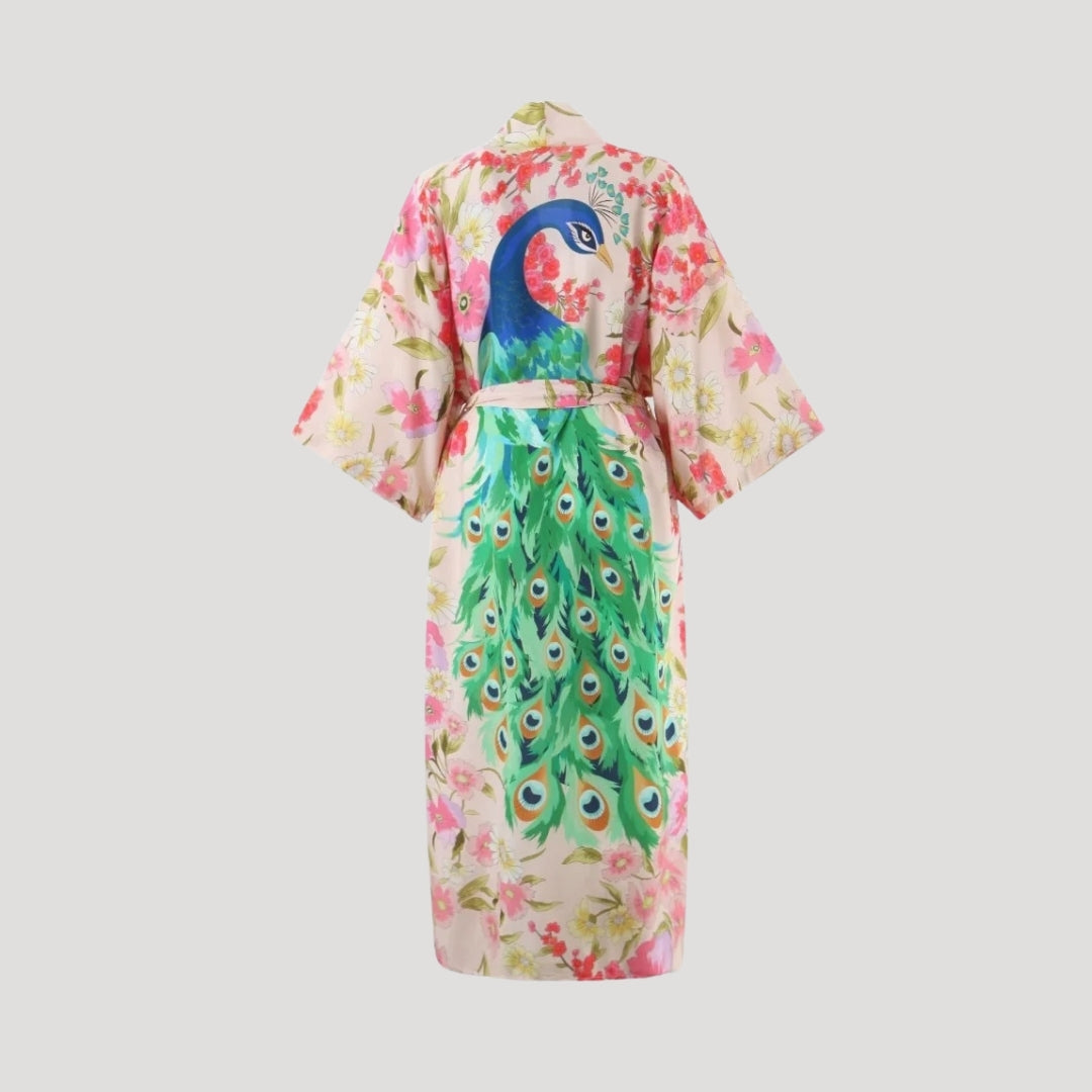 Stilla | Kvinders Blomster Påfugl Trykt Kimono Robe Maxi