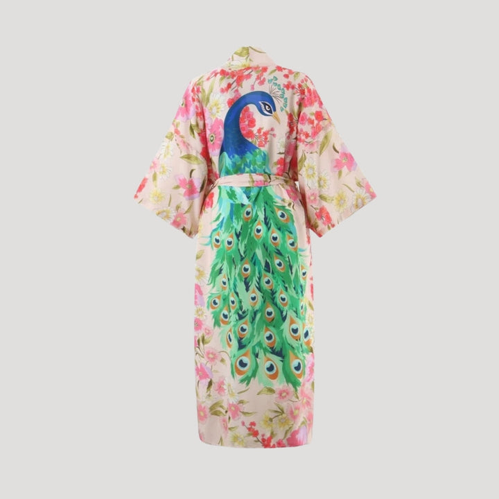 Stilla | Kvinders Blomster Påfugl Trykt Kimono Robe Maxi