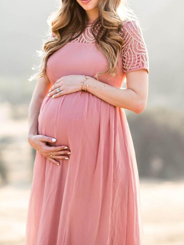 Stilla | Lang Kjole Til Baby Shower Fotoshoot in Elegante Plisseret Blonde Hverdag Hverdag Graviditet