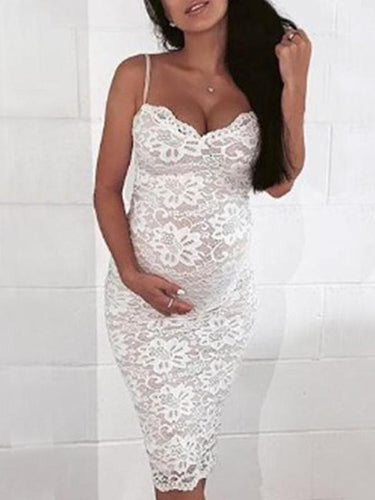 Stilla | Elegante Premaman Lang Kjole Med V-hals in Solid Hvid Lace