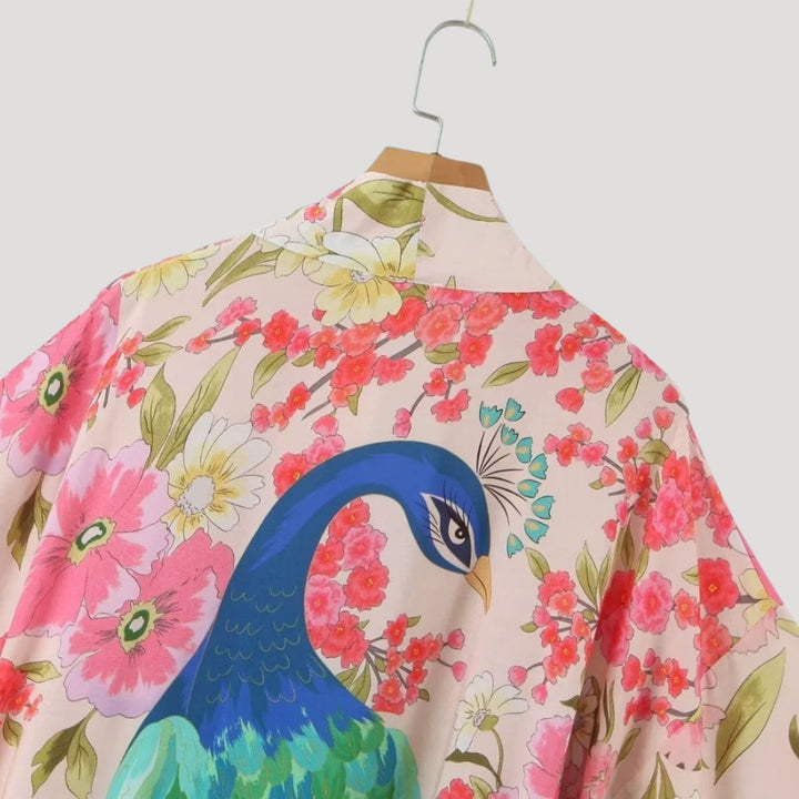 Stilla | Kvinders Blomster Påfugl Trykt Kimono Robe Maxi
