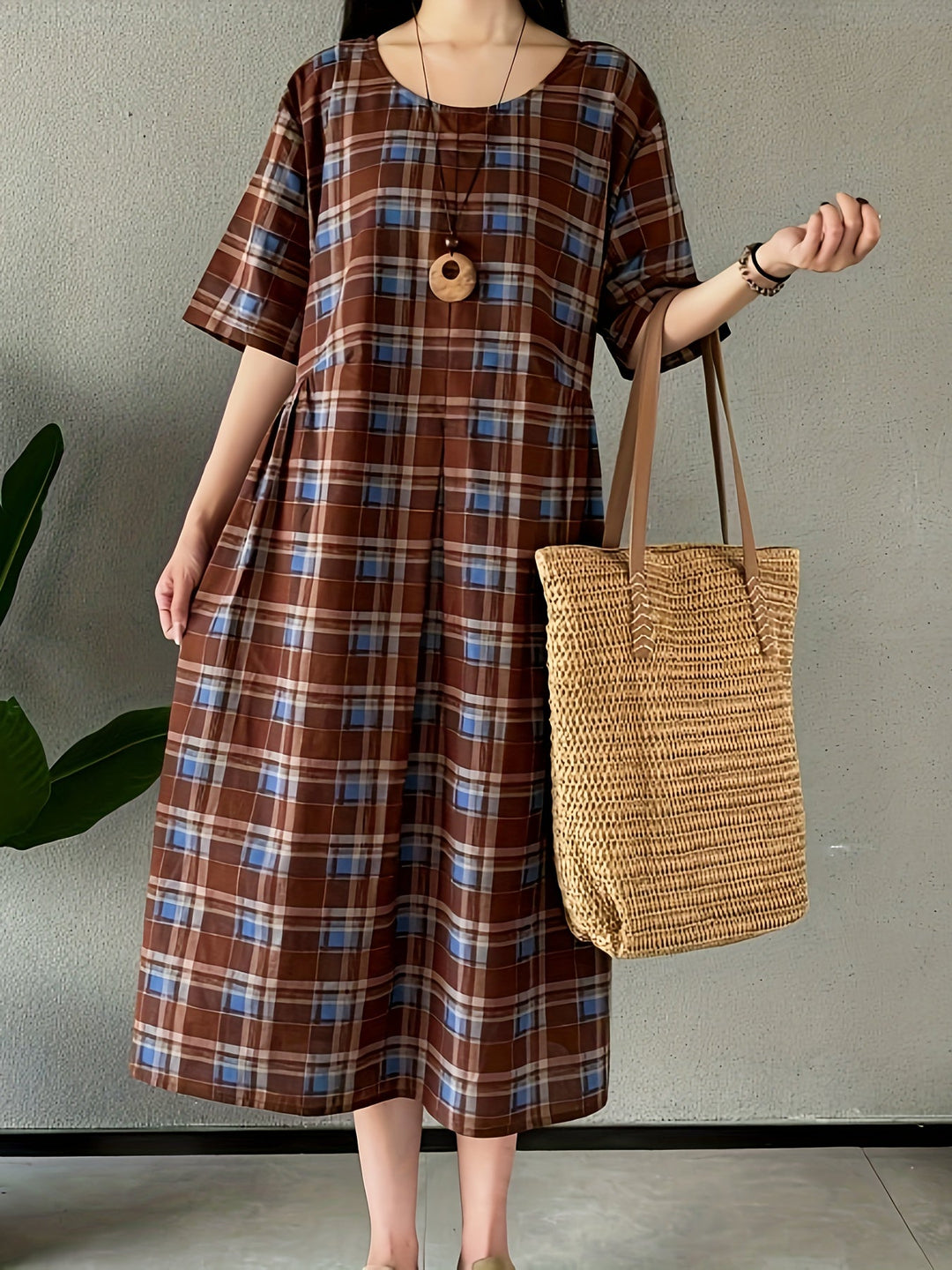 Stilla | Linned Kjole Med Tern Boho Stil Plus Size, Med Rund Hals Og Lommer