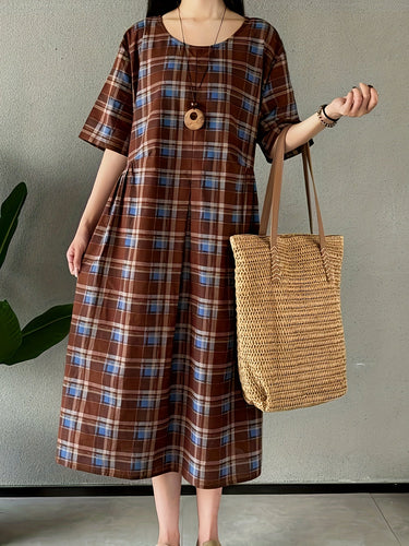 Stilla | Linned Kjole Med Tern Boho Stil Plus Size, Med Rund Hals Og Lommer