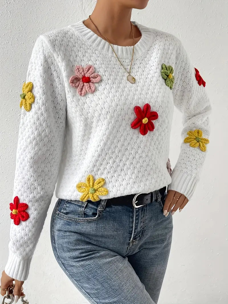 Stilla | Striktrøje med 3d blomsterdesign
