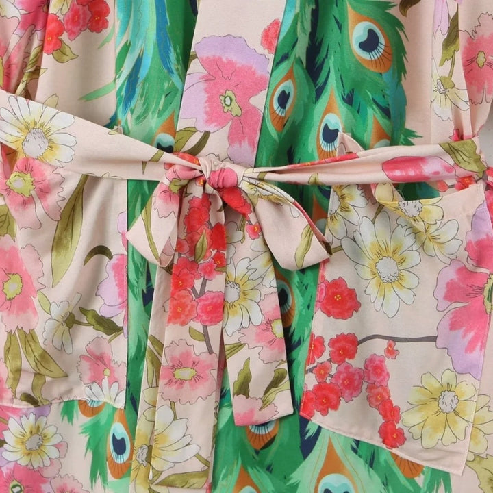 Stilla | Kvinders Blomster Påfugl Trykt Kimono Robe Maxi