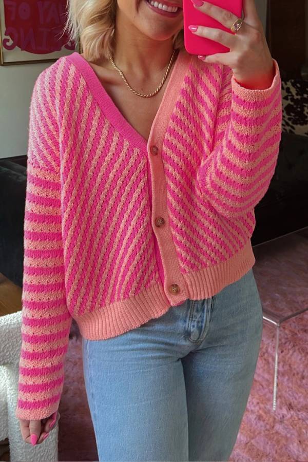 Stilla | Knap Cardigan Med Rosa Striber, Overskårne Skuldre Og V-hals