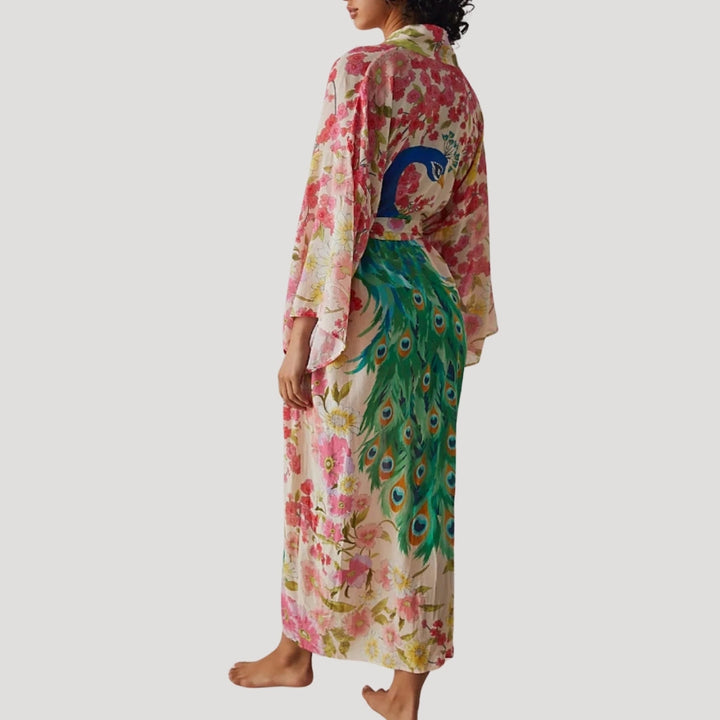 Stilla | Kvinders Blomster Påfugl Trykt Kimono Robe Maxi