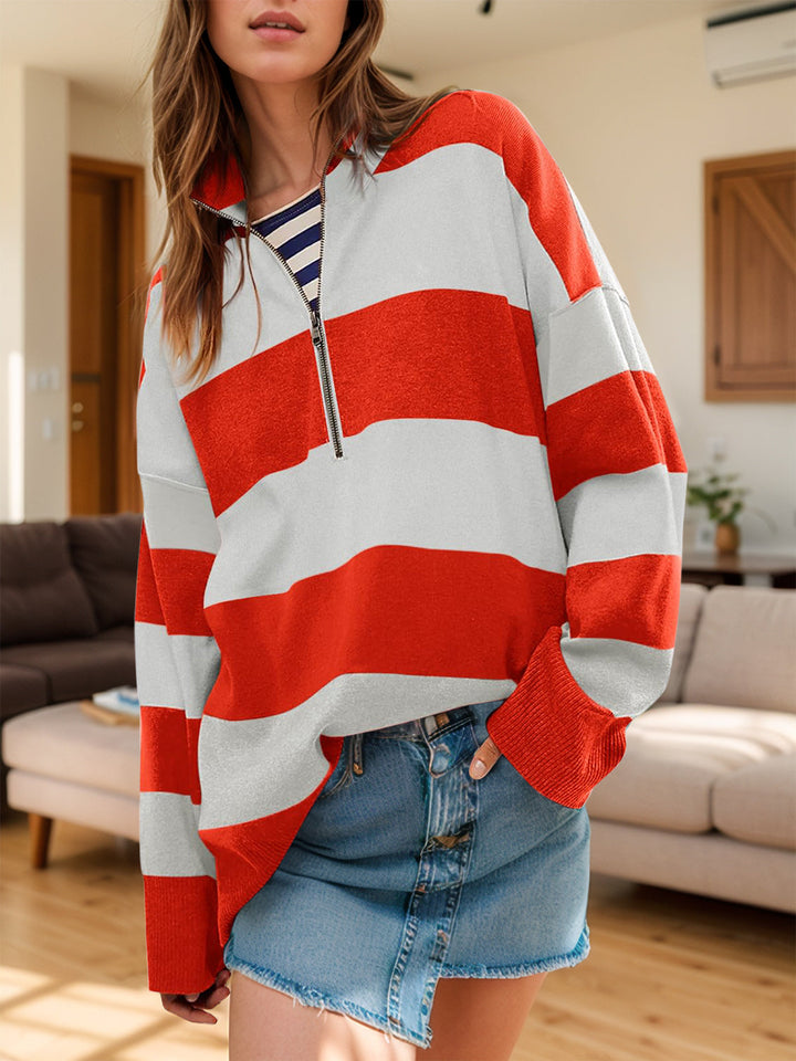 Stilla | Farveblok Sweater Med Lange Ærmer og Halv Lynlås