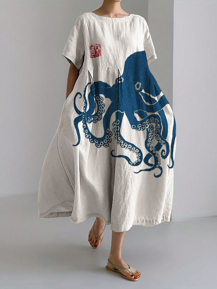 Stilla | Lang Kjole Af Linnedragt Med Japansk Mønster I Linned Octopus