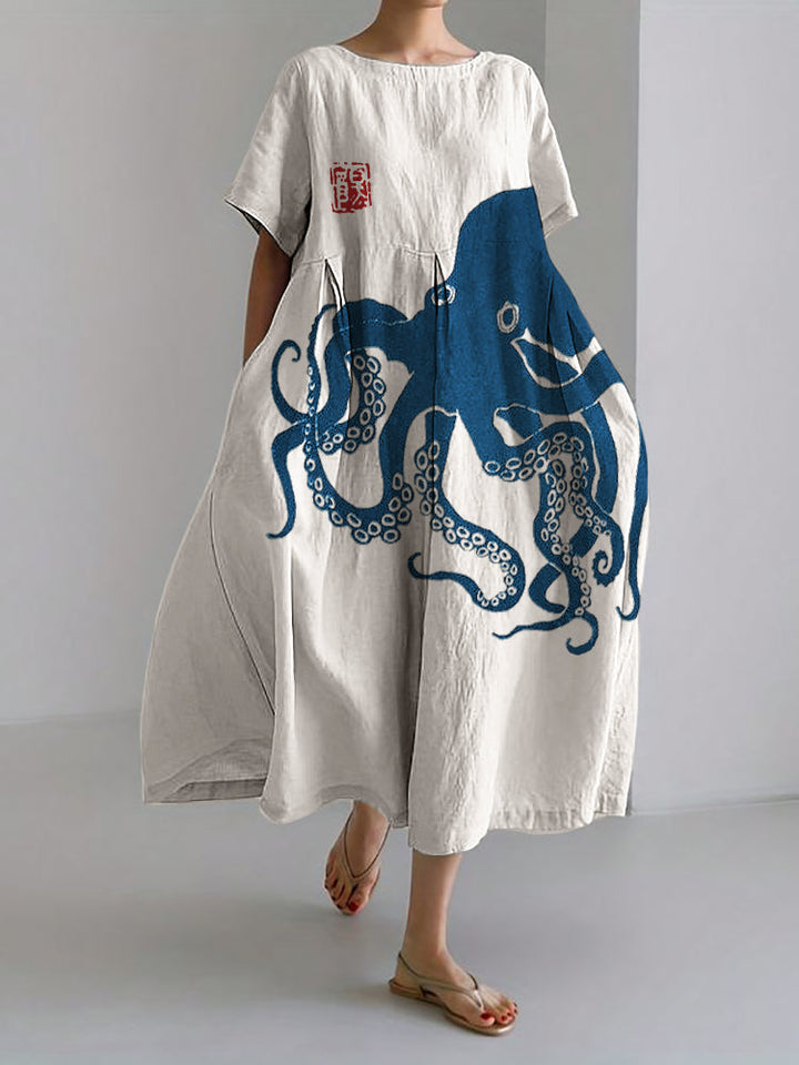 Stilla | Lang Kjole Af Linnedragt Med Japansk Mønster I Linned Octopus