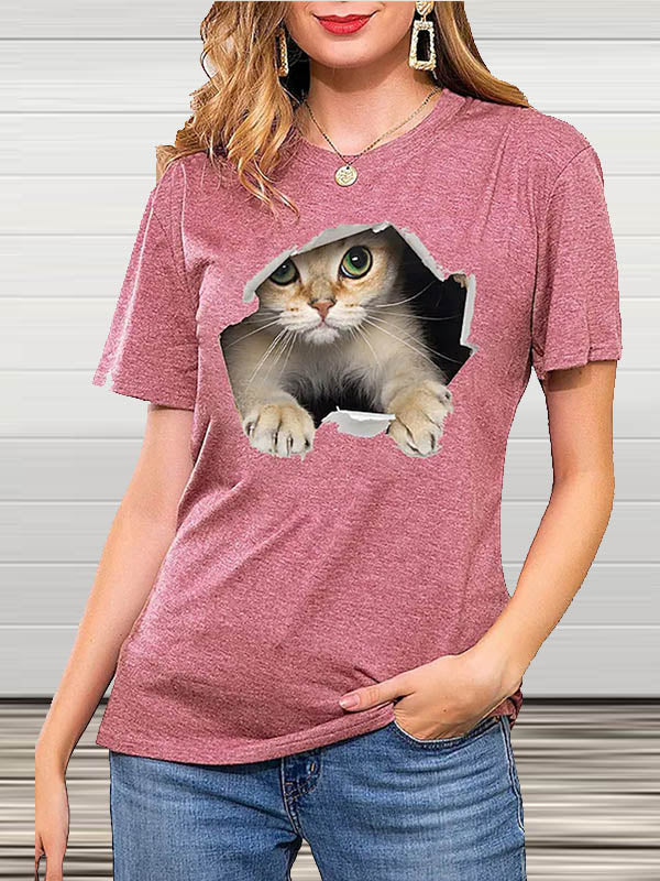 Stilla | Crew Neck Korte Ærmer Kat Print T-shirt