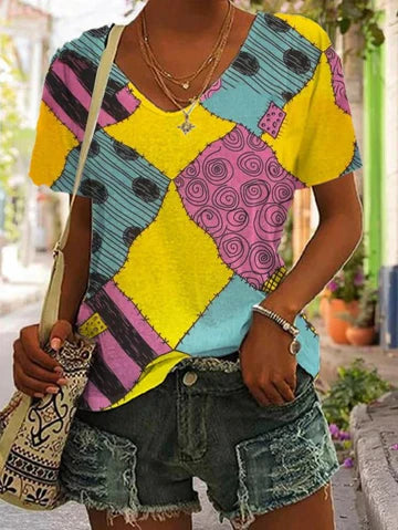 Stilla | Dame T-shirt med patchwork print