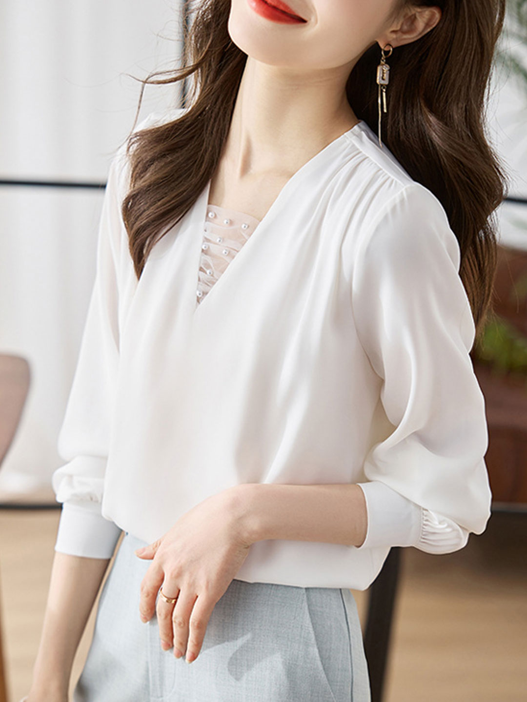 Stilla | Bluse Langærmet V-hals Chiffon Bluse