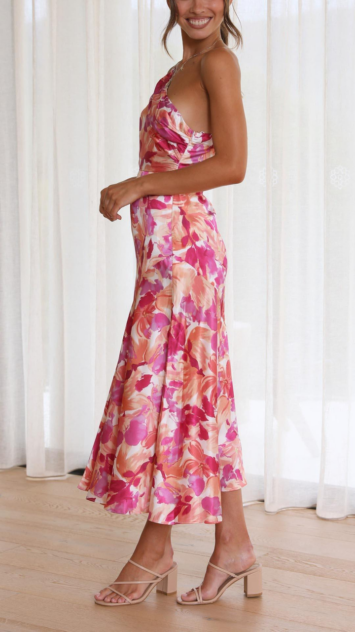 Stilla | Asymmetrisk Blomstret Satin Kjole