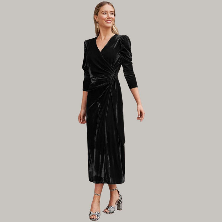 Stilla | Lang Midi Kjole Wrap-Type af Velours med Puffærmer