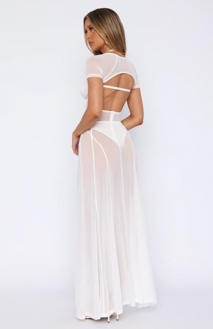 Stilla | Mesh Stof Side Split Maxi Kjole Hvid