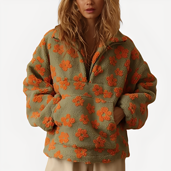 Stilla | Dame-Sherpa-Trøje med Stilfuldt Blomsterdesign