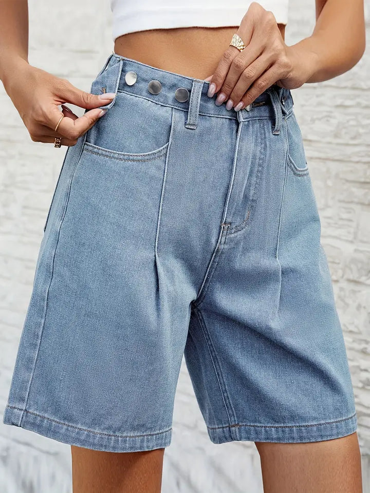 Stilla | Plisserede Denim Jorts Med Justerbar Talje