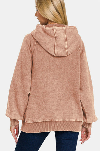Stilla | Zenana Sweatjakke Med Kængurulomme Af Acid Vasket Fleece