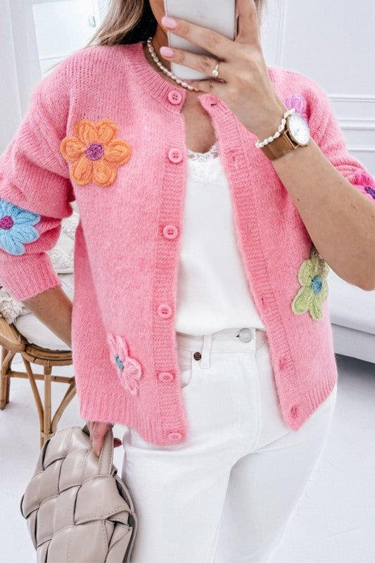 Stilla | Strikjakke med blomsterprint og knapper