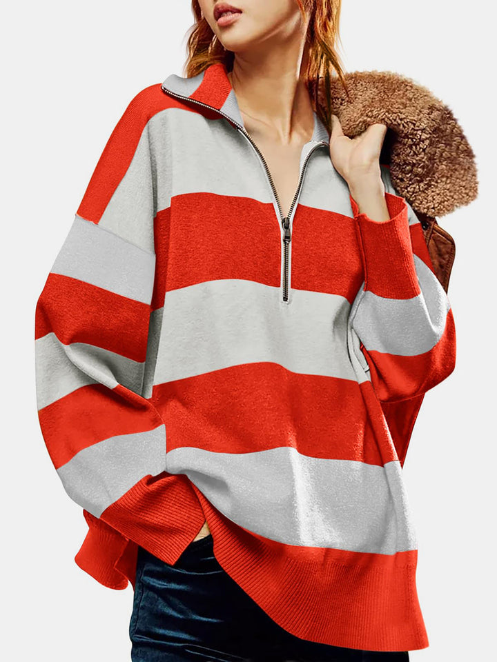 Stilla | Farveblok Sweater Med Lange Ærmer og Halv Lynlås