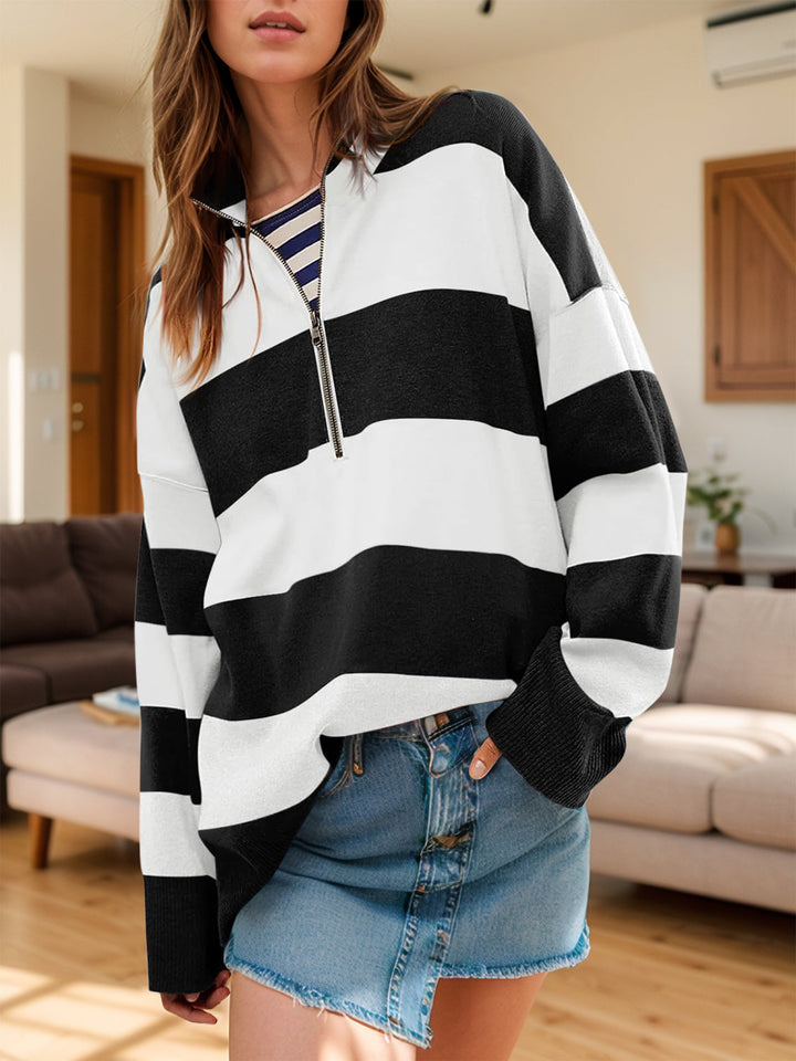 Stilla | Farveblok Sweater Med Lange Ærmer og Halv Lynlås
