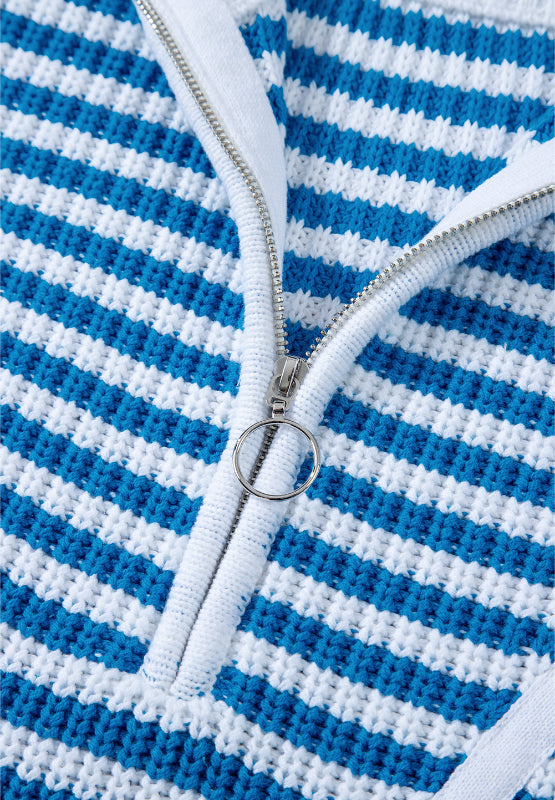 Stilla | Stribet Pullover Med Lange Ærmer og Halv Lynlås og Ståkrave